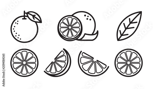 Foto Linear collection of orange citrus fruit icons including whole segments and green leaves