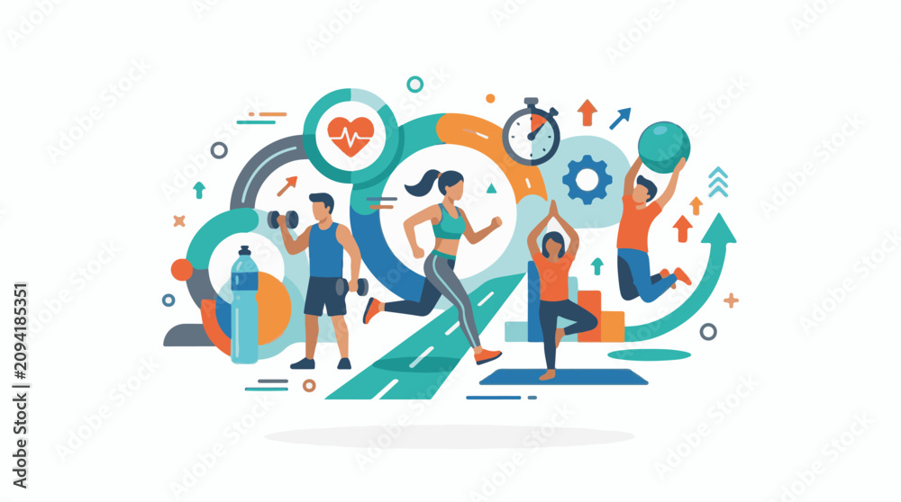 Fototapeta premium Dynamic illustration of diverse people engaged in various fitness activities (2)