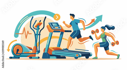 Diverse individuals engage in exercise showcasing cardio and strength training