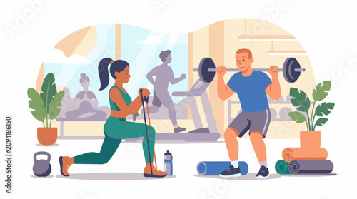 Diverse individuals engage in varied fitness activities within a brightly lit gym environment