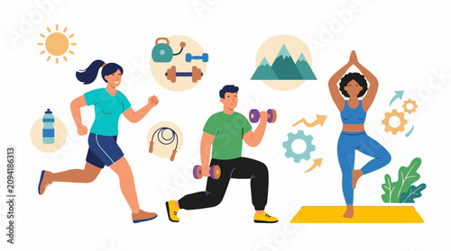 Diverse individuals engage in various fitness activities for wellness