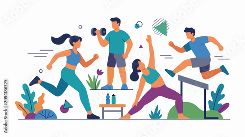 Diverse individuals engage in various fitness activities in a stylized setting