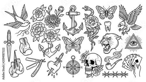 Traditional vintage tattoo collection, old school style art set.