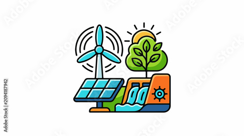 Eco-friendly energy sources blend wind solar hydro and nature