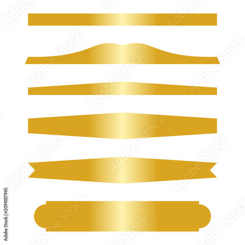 Set of elegant golden ribbon banner shapes with metallic gradient, ideal for labels, awards, packaging, invitations, branding, and luxury decorative design projects.