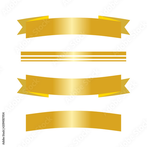 Collection of elegant gold ribbon banners with metallic gradients and curved shapes, ideal for labels, awards, packaging, invitations, and luxury branding designs.