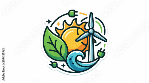 Eco-friendly energy sources icon with sun wind turbine leaf and wave
