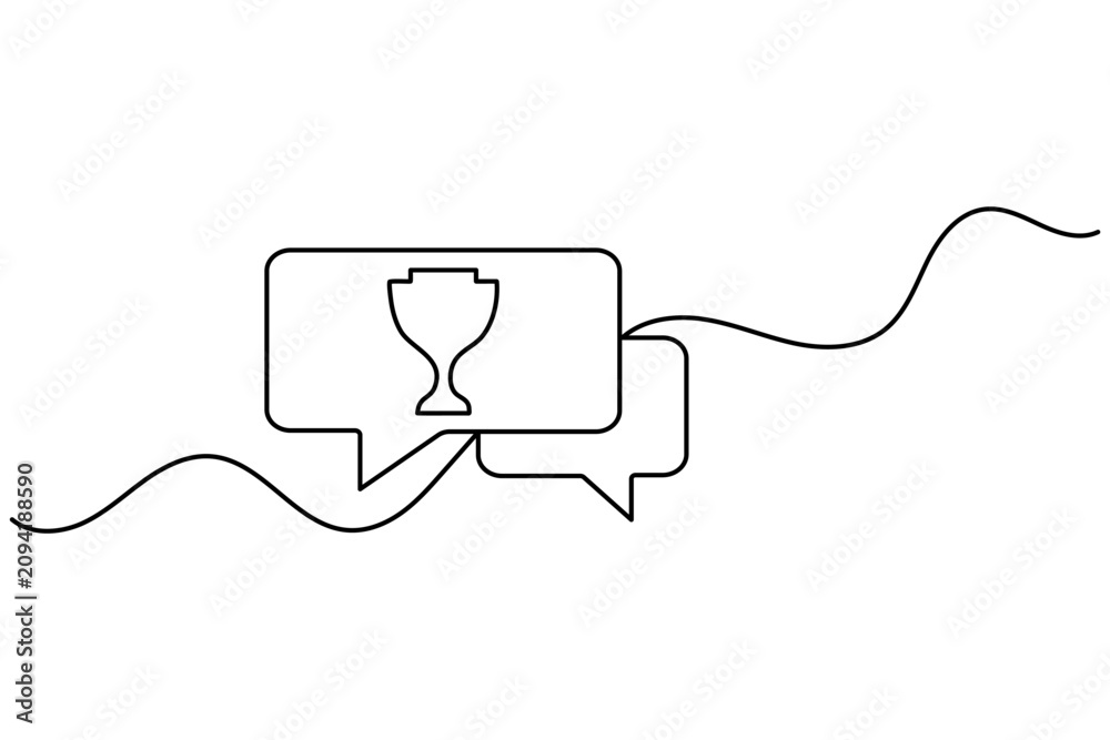 Fototapeta premium Speech bubbles with trophy continuous one line art featuring overlapping chat bubbles and a winner trophy. Vector illustration