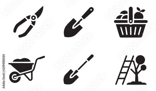 Foto Garden tools set icon collection featuring pruning shears trowel basket and wheelbarrow