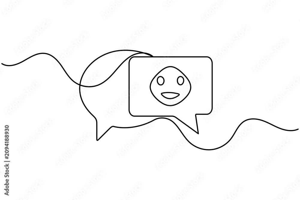 Obraz premium Speech bubbles with happy face line art style. Minimalist drawing of overlapping speech bubbles featuring a smiling face in a continuous line