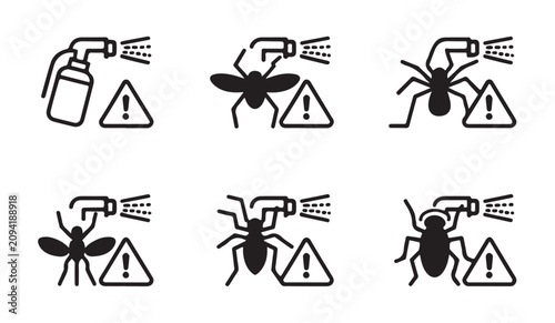 Foto Pest control and insecticide spray icons with insects and warning signs for safety data