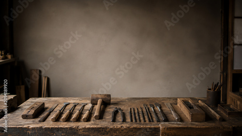 An empty traditional craftsman workbench with well-used hand tools neatly arranged - artisan successor shortage and craft succession concept banner with copy space