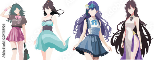 Anime Girls Fashion Set, Diverse Styles, Vector Illustrations, Trendy Outfits
