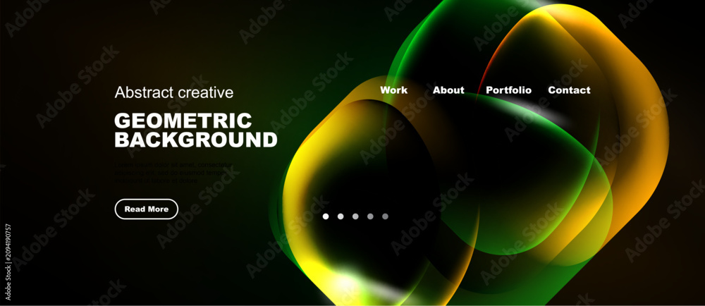 Naklejka premium Dark background features vibrant geometric shapes, text elements, navigation options. Modern design promotes creativity, information access.