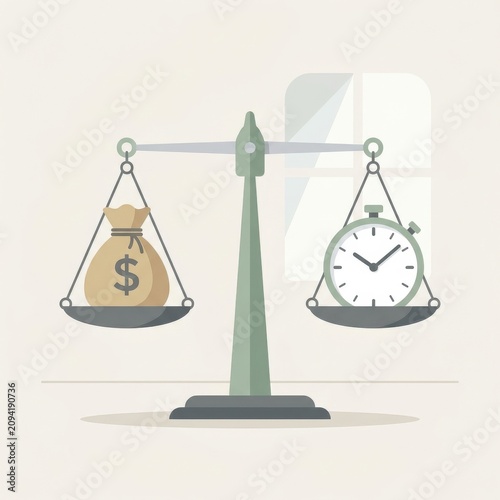 Balanced scale with money and clock. Financial time management and investment concept illustration. Work-life balance and wealth growth strategy fo...