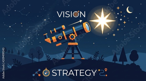Telescope viewing stars. Astronomy tool for vision. Strategic planning.