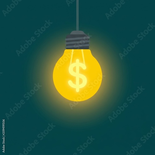 Glowing light bulb with dollar sign. Financial idea icon for business. Innovation concept.