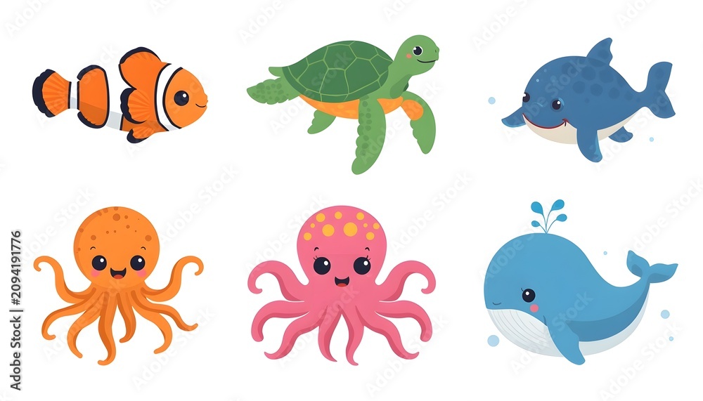 Fototapeta premium Collection of Cute Cartoon Sea Animals Flat Vector Elements.