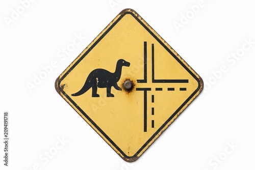 An old yellow traffic sign with a dinosaur image on a white background, indicating the direction of travel