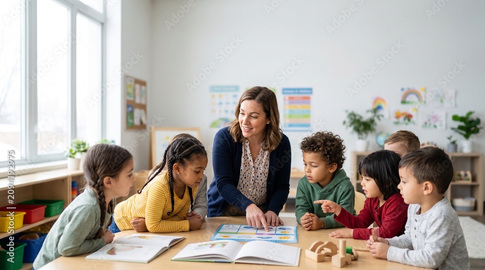 Obraz premium A diverse group of young children and their female teacher engaged in a learning activity around a table in a bright classroom.