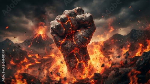 Fist emerges from a volcanic landscape surrounded by erupting lava and intense fire in a powerful display.