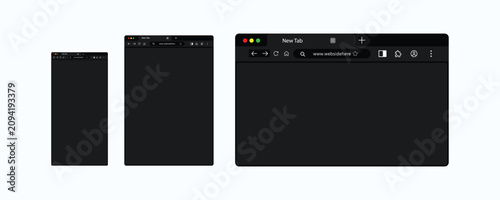 Black Mobile and Desktop Browser Mockup Set Isolated on White Background