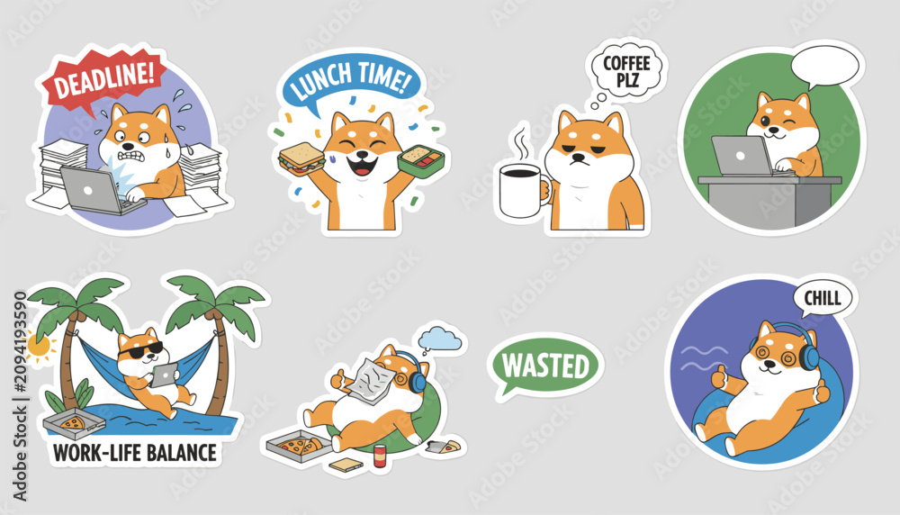 Obraz premium Shiba inu dog sticker set illustrating work life, office stress, coffee break, and work life balance in cute cartoon style.