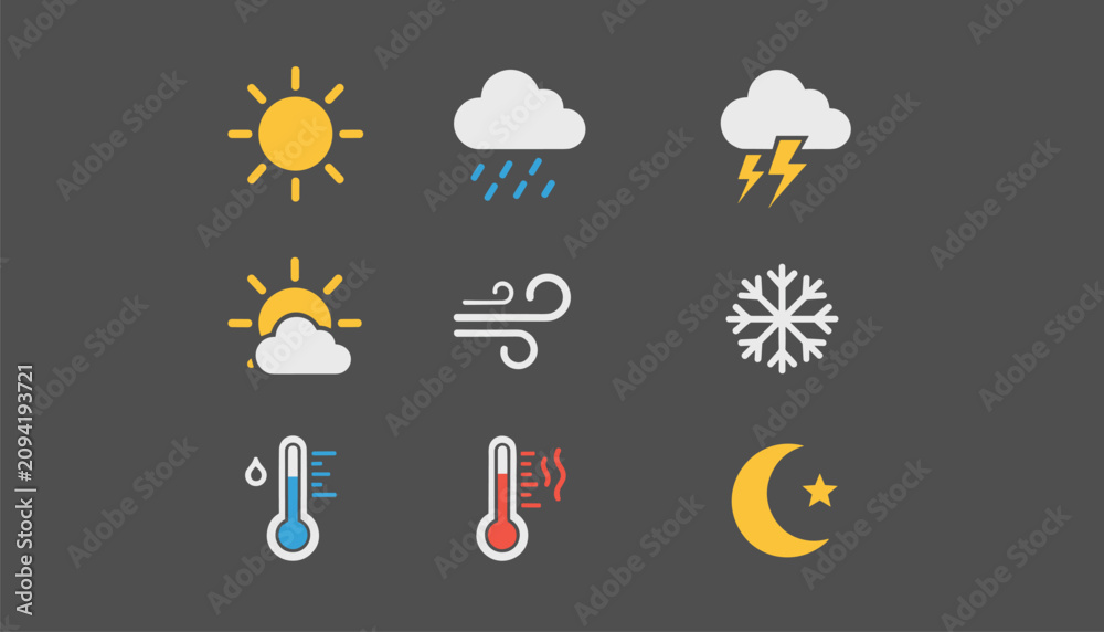 Fototapeta premium Comprehensive set of nine minimalist weather forecast icons designed with soft colors on a dark background.
