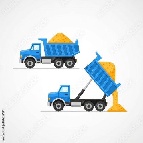 Blue dump trucks unloading sand in flat vector illustration.