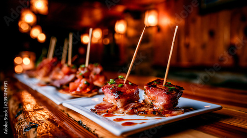 Gourmet meat skewers served as appetizer on white plate in ambient restaurant setting with appetizer