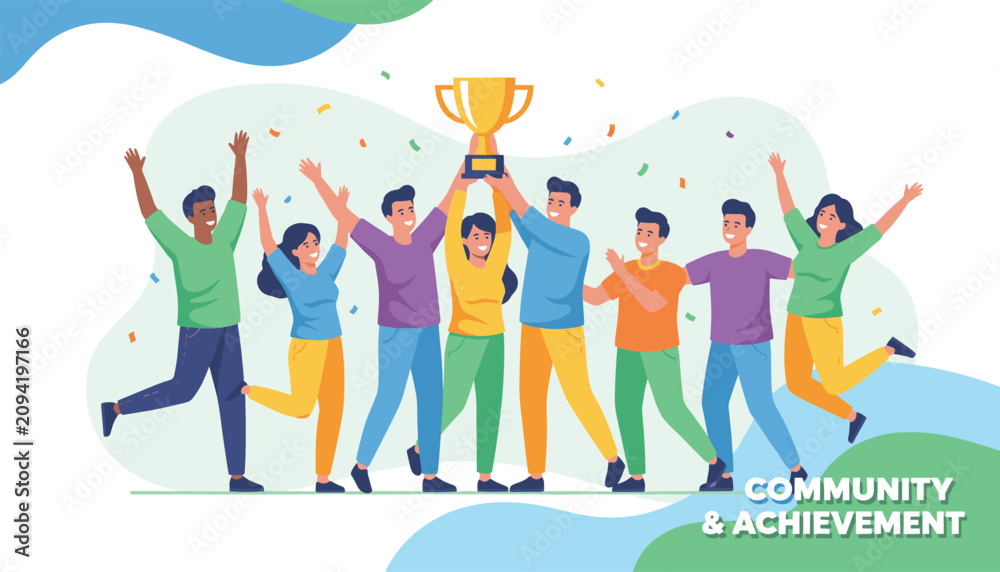 Fototapeta premium Diverse group of happy young people lifting a gold trophy cup together to celebrate their community achievement.