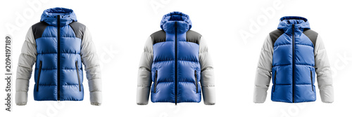 Set of Boys blue ski jacket displayed at a three-quarter angle on transparent background. Ai generated