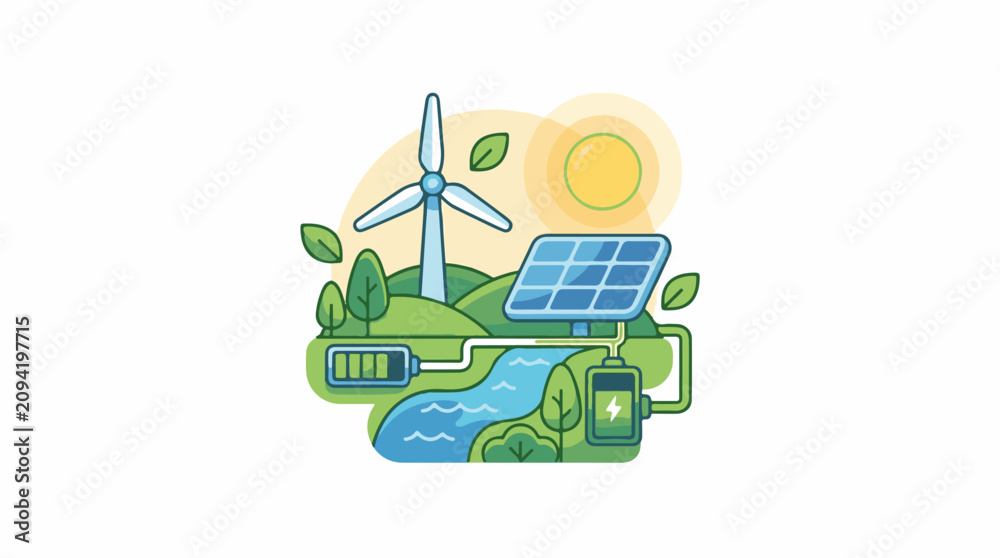 Naklejka premium Eco-friendly scene with solar wind power batteries and water