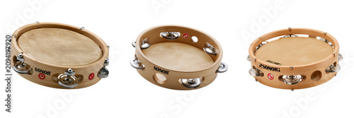 Set of Round wooden tambourine with shiny metal jingles on transparent background. Ai generated