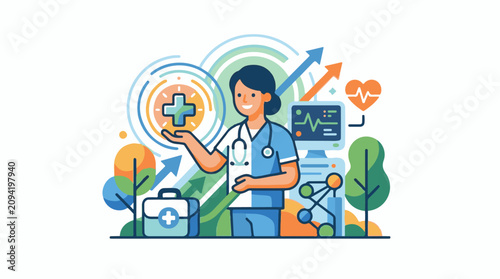Flat design of medical professional with health icons and abstract elements