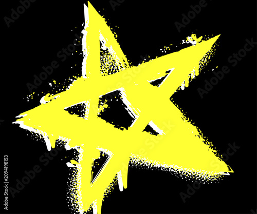 Glowing star background with creative gold lines. Yellow spray-paint graffiti-style star symbol on a black background. star symbol with a melting paint effect. Vector illustration.