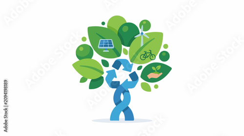 Eco-friendly tree with recycling solar wind and bike icons
