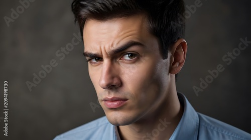 Portrait of a handsome young man looking suspicious with a serious expression.