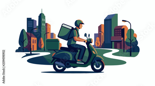 Flat illustration of a delivery person on a scooter in a stylized city