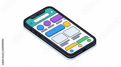 Flat illustration of a mobile device with a colorful grid interface