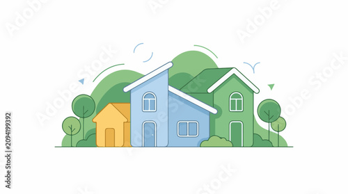 Flat illustration of colorful houses surrounded by trees and rolling hills