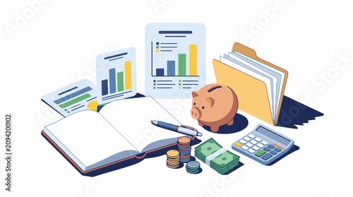 Financial planning tools open book graphs piggy bank money