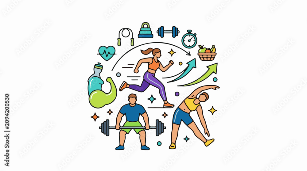 Fototapeta premium Flat illustration of people exercising and fitness icons