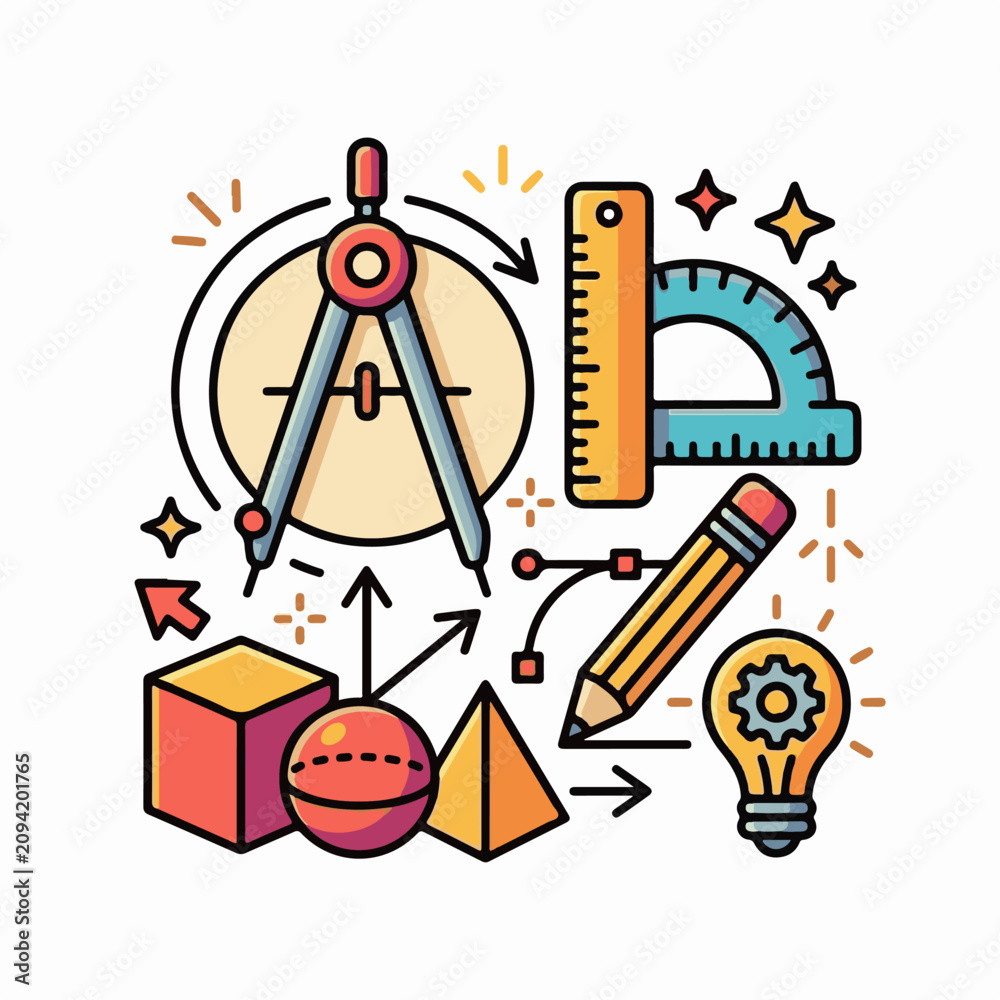 Naklejka premium Geometric shapes math tools and a lightbulb symbolizing creativity