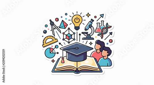Education and scientific discovery symbols arranged dynamically