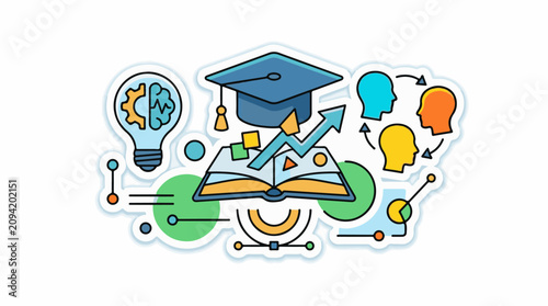 Education concept with graduation cap book lightbulb and data visualization