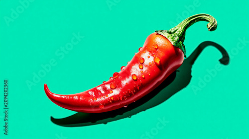 Single fresh red chili pepper with water droplets on green background vegetable droplets moisture
