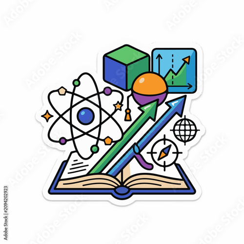 Education science and progress symbols emerge from an open book