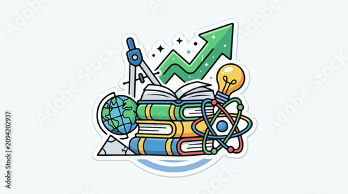 Education science and growth represented by books globe atom and arrow