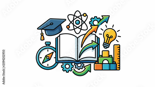 Education symbols book graduation cap lightbulb compass atom blocks ruler
